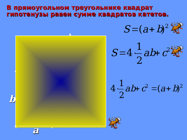 В прямоугольном треугольнике квадрат гипотенузы равен сумме квадратов катетов. c b b b a a a 