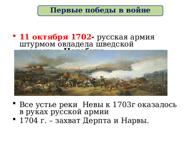 Первые победы в войне 11 октября 1702 - русская армия штурмом овладела шведской крепостью Нотебург. Все устье реки Невы к 1703г оказалось в руках русской армии 1704 г. – захват Дерпта и Нарвы. 
