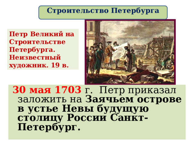 Строительство Петербурга Петр Великий на Строительстве Петербурга. Неизвестный художник. 19 в.  30 мая 1703 г. Петр приказал заложить на Заячьем острове в устье Невы будущую столицу России Санкт-Петербург. 