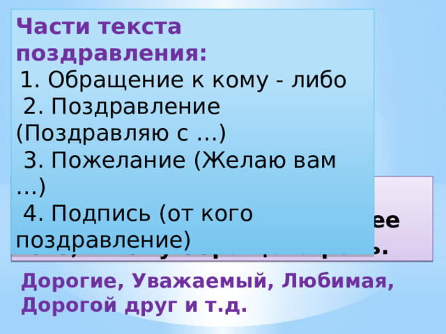 Обратимся к тексту в котором говорится. Обращение в поздравлении. Текст с обращением. План написания поздравительной открытки.