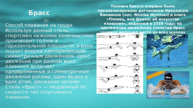 Техника брасса впервые была проанализирована датчанином Николасом Винманом (лат.  Nicolas Wynman ) в книге «Пловец, или Диалог об искусстве плавания», изданной в 1538 году; на протяжении нескольких столетий брасс занимал ведущее место во всех школах плавания. Брасс Способ плавания на груди. Используя данный стиль, спортсмен нижними конечностями производит толчок в горизонтальной плоскости, а руки подает вперед одновременным симметричным движением. Цикл движений при данном виде плавания включает одновременные и симметричные движения руками, один выдох и вдох ртом, движения ногами. Стиль «брасс» — медленный по скорости тип спортивного плавания.  