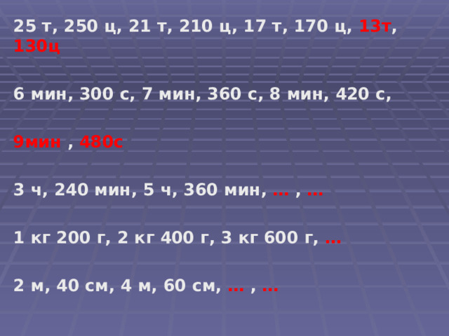 25 т, 250 ц, 21 т, 210 ц, 17 т, 170 ц, 13т , 130ц   6 мин, 300 с, 7 мин, 360 с, 8 мин, 420 с,  9мин , 480с   3 ч, 240 мин, 5 ч, 360 мин, … , …   1 кг 200 г, 2 кг 400 г, 3 кг 600 г, …   2 м, 40 см, 4 м, 60 см, … , …  