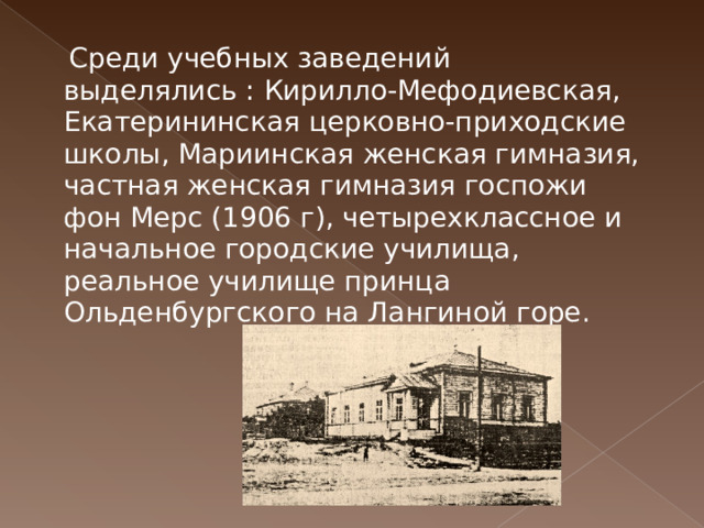  Среди учебных заведений выделялись : Кирилло-Мефодиевская, Екатерининская церковно-приходские школы, Мариинская женская гимназия, частная женская гимназия госпожи фон Мерс (1906 г), четырехклассное и начальное городские училища, реальное училище принца Ольденбургского на Лангиной горе.    