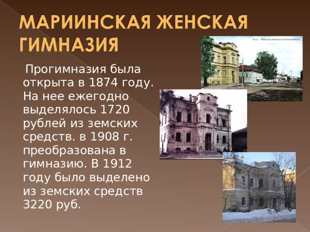 Прогимназия была открыта в 1874 году. На нее ежегодно выделялось 1720 рублей из земских средств. в 1908 г. преобразована в гимназию. В 1912 году было выделено из земских средств 3220 руб.  
