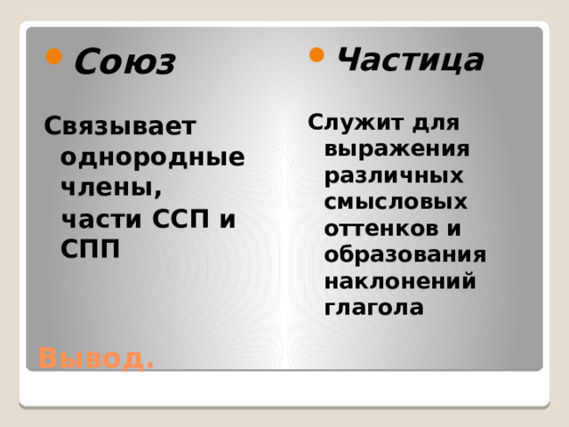 Союз Частица   Связывает однородные члены, Служит для выражения различных смысловых оттенков и образования наклонений глагола  части ССП и СПП Вывод. 