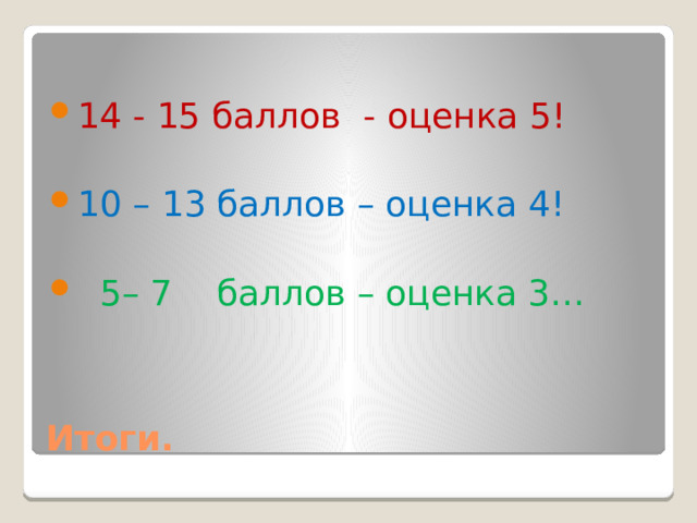 14 - 15 баллов - оценка 5! 10 – 13 баллов – оценка 4!  5– 7 баллов – оценка 3… Итоги. 