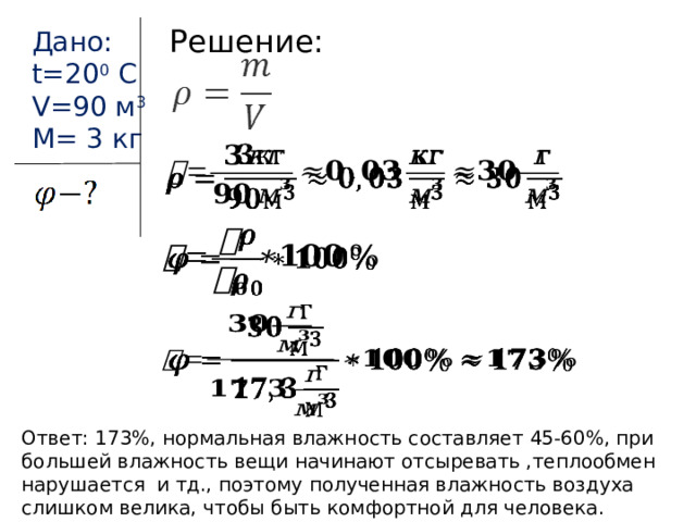 Решение: Дано: t=20 0 C V=90 м 3 M= 3 кг       Ответ: 173%, нормальная влажность составляет 45-60%, при большей влажность вещи начинают отсыревать ,теплообмен нарушается и тд., поэтому полученная влажность воздуха слишком велика, чтобы быть комфортной для человека. 