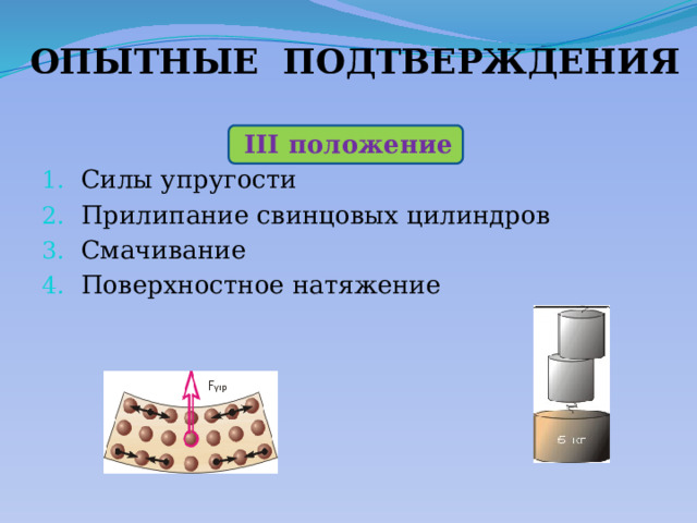  ОПЫТНЫЕ ПОДТВЕРЖДЕНИЯ III положение Силы упругости Прилипание свинцовых цилиндров Смачивание Поверхностное натяжение 