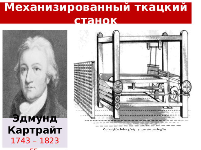 Механизированный ткацкий станок Эдмунд Картрайт 1743 – 1823 гг. 