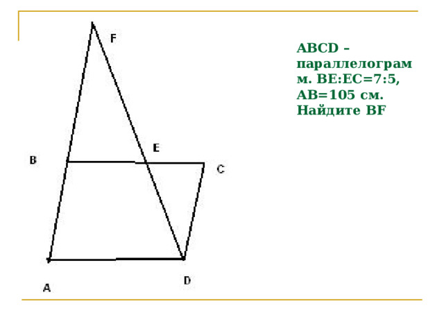 ABCD –параллелограмм. ВЕ:ЕС=7:5, АВ=105 см.  Найдите BF 