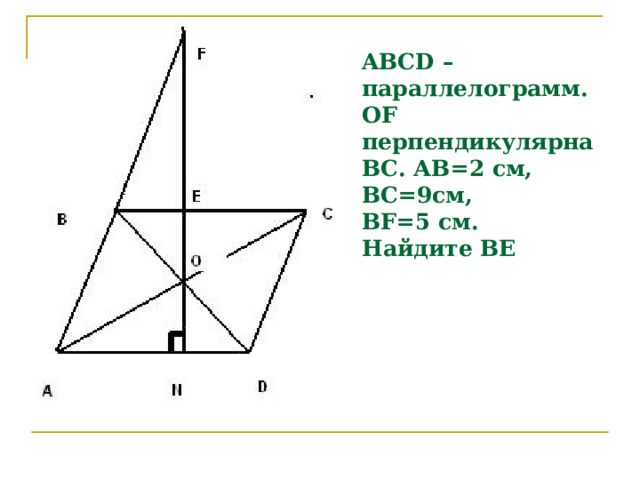 ABCD –параллелограмм.  OF перпендикулярна ВС. АВ=2 см,  ВС=9см,  BF=5 c м.  Найдите ВЕ 