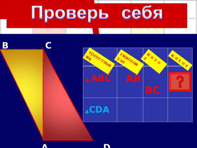 гипотенуза треугольник к а т е т к а т е т  B  C   A  D ▲ ABC  A B ▲ CDA  B C  