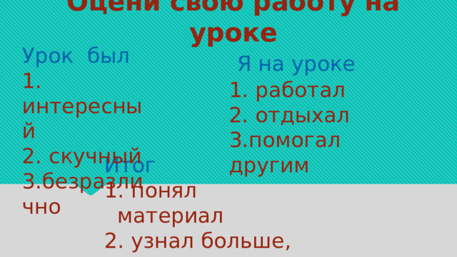 Оцени свою работу на уроке Урок был  1. интересный 2. скучный  3.безразлично  Я на уроке 1. работал 2. отдыхал 3.помогал другим Итог 1. понял материал 2. узнал больше, чем знал 3. не понял 