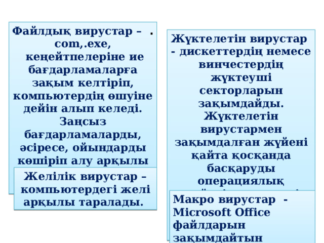 Файлдық вирустар –  . com,.exe,  кеңейтпелеріне ие бағдарламаларға зақым келтіріп, компьютердің өшуіне дейін алып келеді. Заңсыз бағдарламаларды, әсіресе, ойындарды көшіріп алу арқылы компьютерге кіреді  Жүктелетін вирустар - дискеттердің немесе винчестердің жүктеуші секторларын зақымдайды. Жүктелетін вирустармен зақымдалған жүйені қайта қосқанда басқаруды операциялық жүйенің жүктеуші программалық кодына емес, вирус кодына береді. Желілік вирустар –компьютердегі желі арқылы таралады. Макро вирустар - Microsoft Office файлдарын зақымдайтын вирустар. 