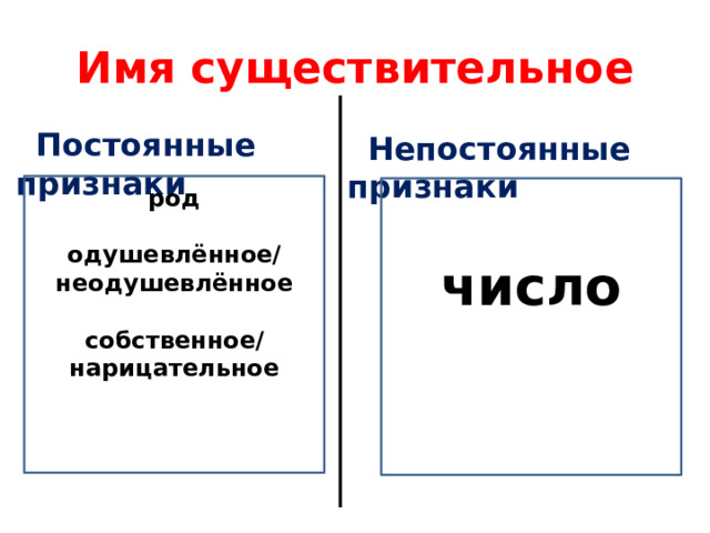 Имя существительное  Постоянные признаки  Непостоянные признаки  род  одушевлённое/ неодушевлённое  собственное/ нарицательное    число    