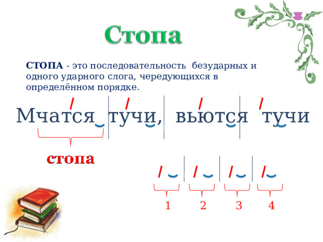 СТОПА - это последовательность безударных и одного ударного слога, чередующихся в определённом порядке. Мчатся тучи, вьются тучи 1 2 3 4 