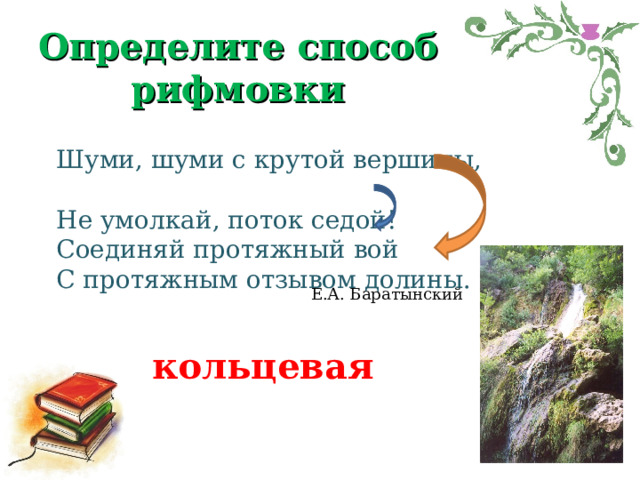 Определите способ рифмовки Шуми, шуми с крутой вершины,  Не умолкай, поток седой!  Соединяй протяжный вой  С протяжным отзывом долины.    Е.А. Баратынский кольцевая 