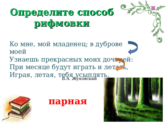 Определите способ рифмовки Ко мне, мой младенец; в дуброве моей  Узнаешь прекрасных моих дочерей:  При месяце будут играть и летать,  Играя, летая, тебя усыплять. В.А. Жуковский парная 