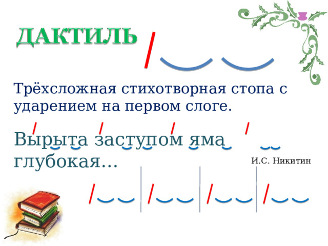 Трёхсложная стихотворная стопа с ударением на первом слоге. Вырыта заступом яма глубокая… И.С. Никитин 