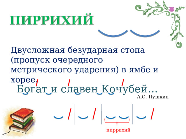 Двусложная безударная стопа (пропуск очередного метрического ударения) в ямбе и хорее. Богат и славен Кочубей… А.С. Пушкин пиррихий 