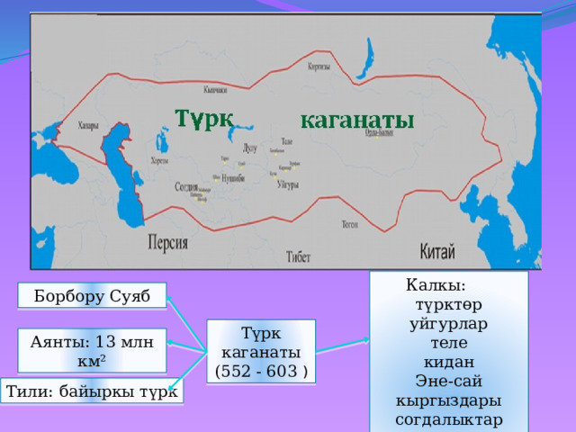 Калкы:  түрктөр уйгурлар теле кидан Эне-сай кыргыздары согдалыктар кыпчактар Борбору Суяб Түрк каганаты (552 - 603 ) Аянты: 13 млн км² Тили: байыркы түрк 