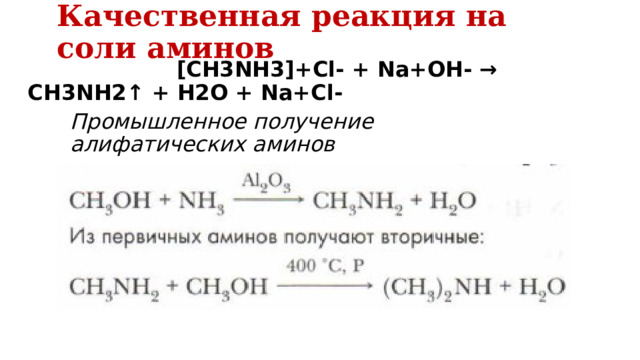 Качественная реакция на соли аминов  [CH3NH3]+Cl- + Na+OH- → CH3NH2↑ + Н2O + Na+Cl- Промышленное получение алифатических аминов 