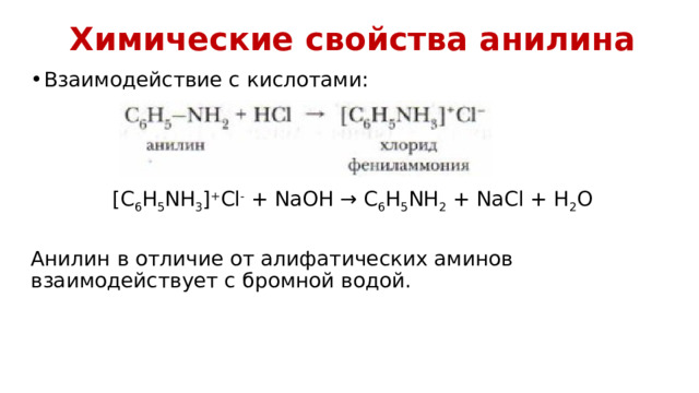 Химические свойства анилина Взаимодействие с кислотами: [C 6 H 5 NH 3 ] + Cl -  + NaOH → C 6 H 5 NH 2  + NaCl + H 2 O Анилин в отличие от алифатических аминов взаимодействует с бромной водой. 