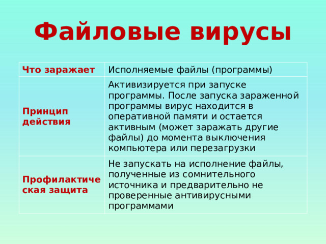 Файловые вирусы Что заражает Исполняемые файлы (программы) Принцип действия Активизируется при запуске программы. После запуска зараженной программы вирус находится в оперативной памяти и остается активным (может заражать другие файлы) до момента выключения компьютера или перезагрузки Профилактическая защита Не запускать на исполнение файлы, полученные из сомнительного источника и предварительно не проверенные антивирусными программами 