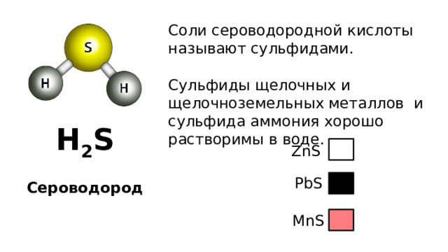 Соли сероводородной кислоты называют сульфидами. Сульфиды щелочных и щелочноземельных металлов и сульфида аммония хорошо растворимы в воде. H 2 S ZnS PbS Сероводород MnS 