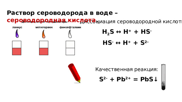 Раствор сероводорода в воде – сероводородная кислота . Диссоциация сероводородной кислоты: H 2 S ↔ H + + HS - HS - ↔ H + + S 2- Качественная реакция: S 2- + Pb 2+ = PbS↓  