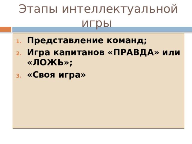 Этапы интеллектуальной игры Представление команд; Игра капитанов «ПРАВДА» или «ЛОЖЬ»; «Своя игра» 