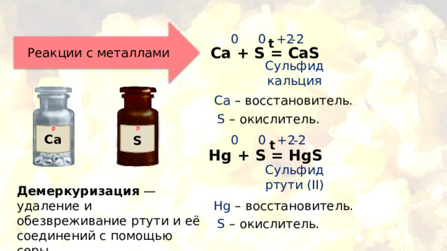 +2 -2 0 0 t Реакции с металлами Ca + S = CaS Сульфид кальция Ca – восстановитель. S  – окислитель. Ca 0 -2 0 +2 S t Hg + S = HgS Сульфид ртути (II) Демеркуризация  — удаление и обезвреживание ртути и её соединений с помощью серы.  Hg – восстановитель. S  – окислитель. 