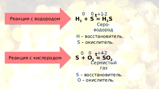0 0 +1 -2 t Реакция с водородом H 2 + S = H 2 S Серо- водород H – восстановитель. S  – окислитель. 0 +4 -2 0 t Реакция с кислородом S + O 2 = SO 2 Сернистый газ S – восстановитель. O  – окислитель. 