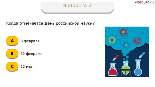 Вопрос № 2 Когда отмечается День российской науки? А 8 февраля B 12 февраля C 12 июня  