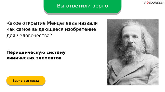 Вы ответили верно Какое открытие Менделеева назвали как самое выдающееся изобретение для человечества? Периодическую систему химических элементов Вернуться назад  