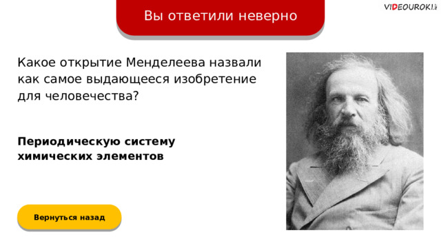 Вы ответили неверно Какое открытие Менделеева назвали как самое выдающееся изобретение для человечества? Периодическую систему химических элементов Вернуться назад  