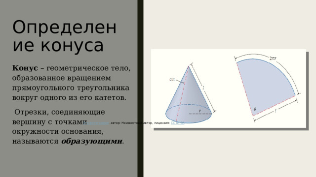 Определение конуса Конус – геометрическое тело, образованное вращением прямоугольного треугольника вокруг одного из его катетов.  Отрезки, соединяющие вершину с точками окружности основания, называются образующими . Эта фотография , автор: Неизвестный автор, лицензия: CC BY-SA 