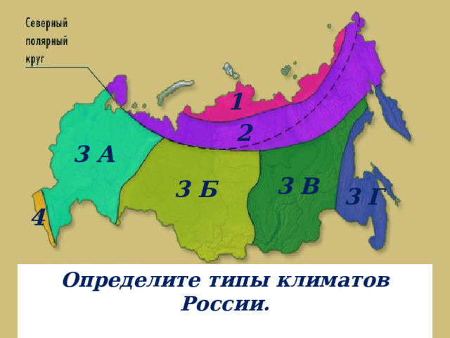 1 2 3 А 3 В 3 Б 3 Г 4 Определите типы климатов России.  