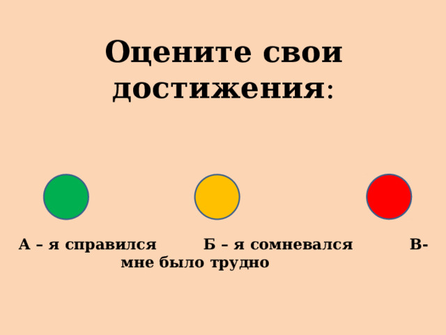 Оцените свои достижения :      А – я справился Б – я сомневался В- мне было трудно  