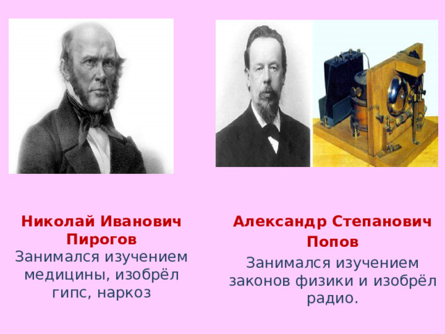 Николай Иванович Александр Степанович Пирогов Попов Занимался изучением медицины, изобрёл гипс, наркоз Занимался изучением законов физики и изобрёл радио. 