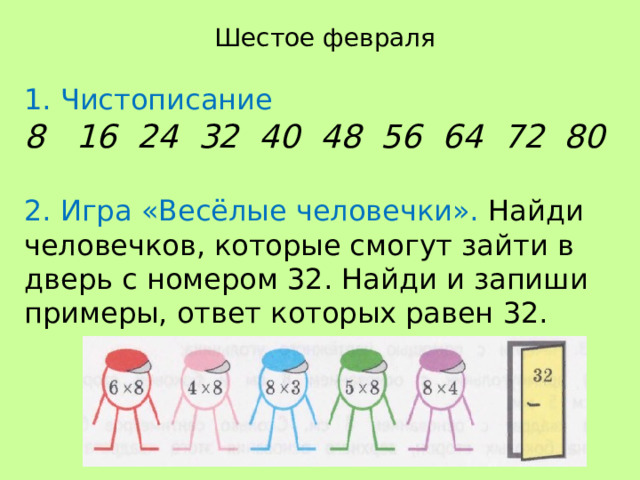 Шестое февраля 1. Чистописание 16 24 32 40 48 56 64 72 80  2. Игра «Весёлые человечки». Найди человечков, которые смогут зайти в дверь с номером 32. Найди и запиши примеры, ответ которых равен 32. 