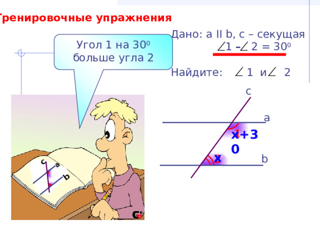 b а c Тренировочные упражнения Дано: а II b, с – секущая  1 – 2 = 30 0 Найдите: 1 и 2 Угол 1 на 30 0 больше угла 2 c а х+30 1 х b 2 С.М. Саврасова, Г.А. Ястребинецкий «Упражнения по планиметрии на готовых чертежах» 