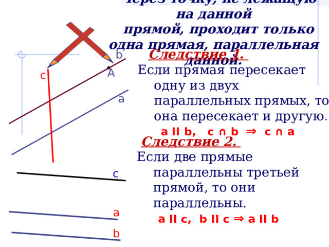  Через точку, не лежащую на данной  прямой, проходит только одна прямая, параллельная данной.  Следствие 1. Если прямая пересекает одну из двух параллельных прямых, то она пересекает и другую .  a II b, c ∩  b ⇒ c ∩ a b А c а  Следствие 2.  Если две прямые параллельны третьей прямой, то они параллельны.  a II с, b II с ⇒ a II b с а b 