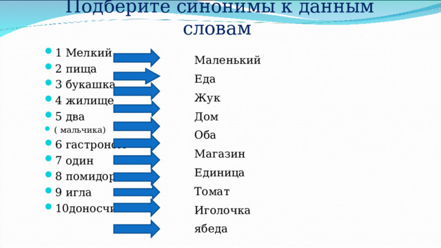 Подберите синонимы к данным словам 1 Мелкий 2 пища 3 букашка 4 жилище 5 два ( мальчика) 6 гастроном 7 один 8 помидор 9 игла 10доносчик  Маленький Еда Жук Дом Оба Магазин Единица Томат Иголочка ябеда 