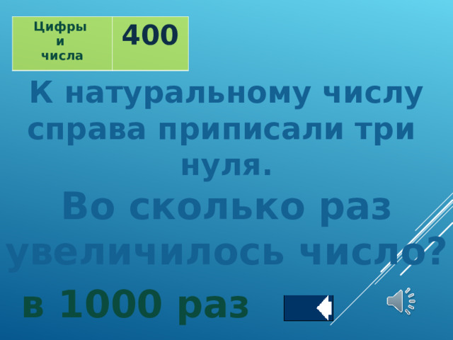 Цифры и числа 400 К натуральному числу справа приписали три нуля.  Во сколько раз  увеличилось число? в 1000 раз 