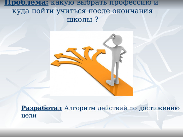 Проблема:  какую выбрать профессию и куда пойти учиться после окончания школы ?   Разработал  Алгоритм действий по достижению цели    
