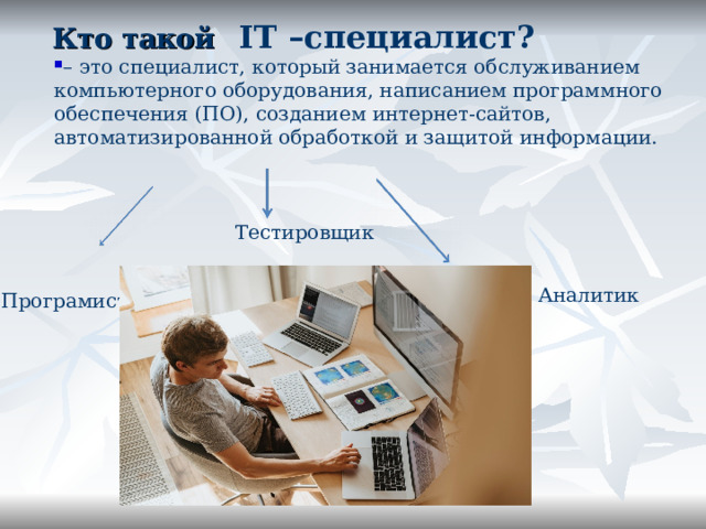  Кто такой  IT –специалист? – это специалист, который занимается обслуживанием компьютерного оборудования, написанием программного обеспечения (ПО), созданием интернет-сайтов, автоматизированной обработкой и защитой информации. Тестировщик Аналитик Програмист 