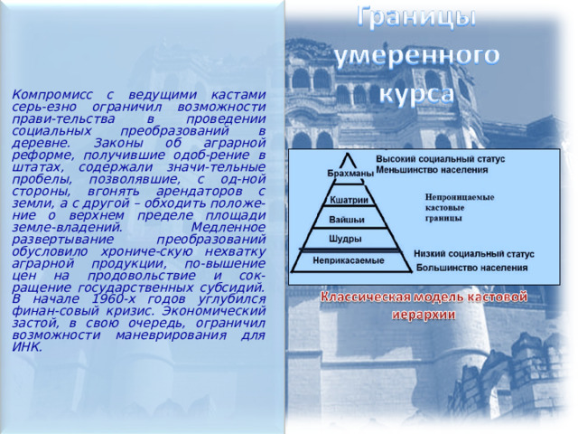  Компромисс с ведущими кастами серь-езно ограничил возможности прави-тельства в проведении социальных преобразований в деревне. Законы об аграрной реформе, получившие одоб-рение в штатах, содержали значи-тельные пробелы, позволявшие, с од-ной стороны, вгонять арендаторов с земли, а с другой – обходить положе-ние о верхнем пределе площади земле-владений. Медленное развертывание преобразований обусловило хрониче-скую нехватку аграрной продукции, по-вышение цен на продовольствие и сок-ращение государственных субсидий. В начале 1960-х годов углубился финан-совый кризис. Экономический застой, в свою очередь, ограничил возможности маневрирования для ИНК. 