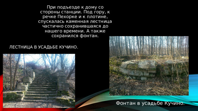 При подъезде к дому со стороны станции. Под гору, к речке Пехорке и к плотине, спускалась каменная лестница частично сохранившаяся до нашего времени. А также сохранился фонтан. Лестница в усадьбе Кучино. Фонтан в усадьбе Кучино. 