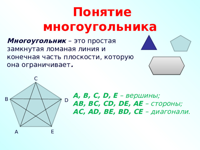  Понятие многоугольника Многоугольник – это простая замкнутая ломаная линия и конечная часть плоскости, которую она ограничивает . С A, B, C, D, E – вершины;  A В , B С , CD, DE, АЕ  – стороны;  A С , А D, BE, BD,  C Е  – диагонали.   В D E A 